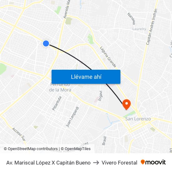 Av. Mariscal López X Capitán Bueno to Vivero Forestal map