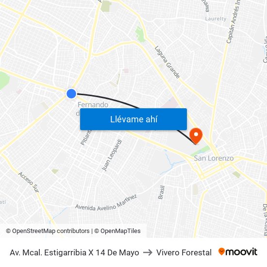 Av. Mcal. Estigarribia X 14 De Mayo to Vivero Forestal map
