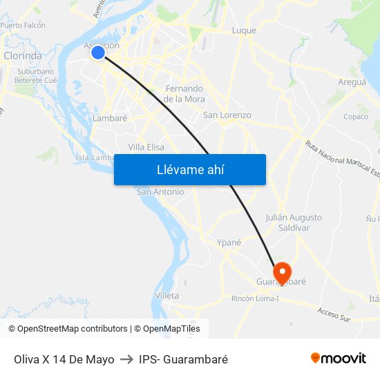 Oliva X 14 De Mayo to IPS- Guarambaré map