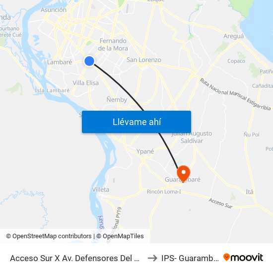 Acceso Sur X Av. Defensores Del Chaco to IPS- Guarambaré map