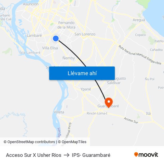 Acceso Sur X Usher Ríos to IPS- Guarambaré map