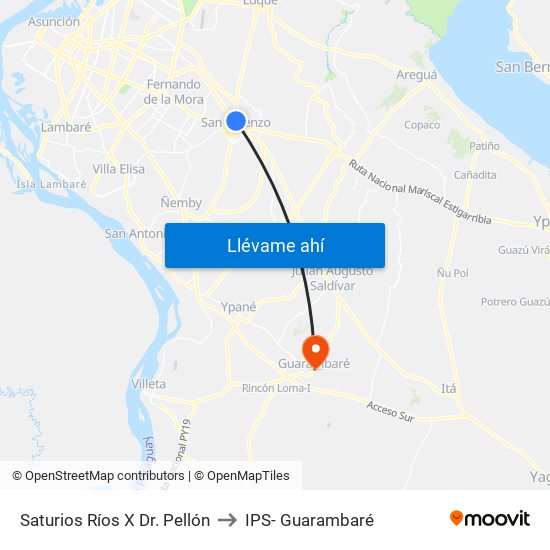 Saturios Ríos X Dr. Pellón to IPS- Guarambaré map