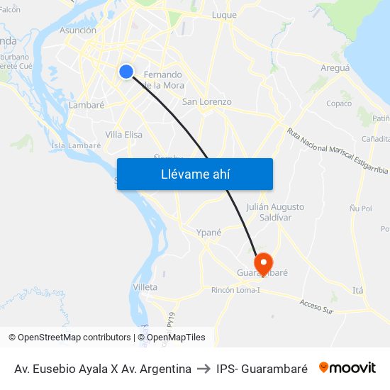 Av. Eusebio Ayala X Av. Argentina to IPS- Guarambaré map