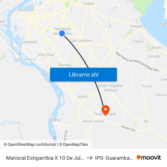 Mariscal Estigarribia X 10 De Julio to IPS- Guarambaré map