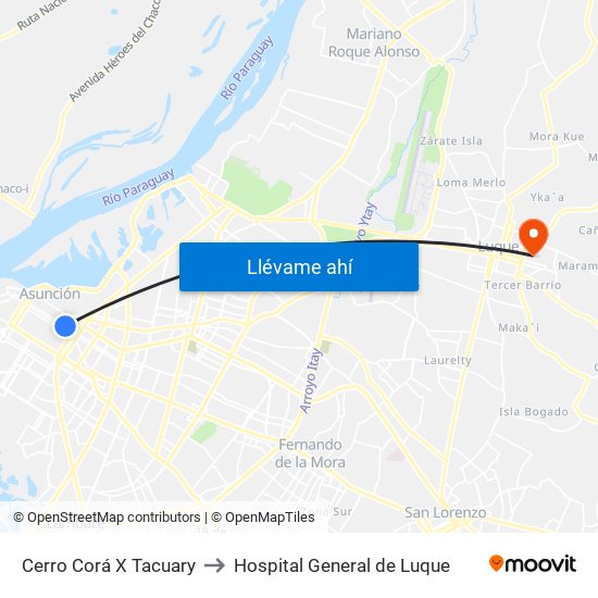 Cerro Corá X Tacuary to Hospital General de Luque map