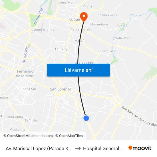 Av. Mariscal López (Parada Km. 17 (1/2)) to Hospital General de Luque map