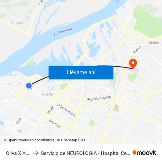 Oliva X Ayolas to Servicio de NEUROLOGIA - Hospital Central Del IPS. map