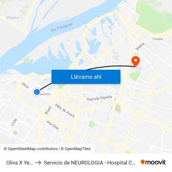 Oliva X Yegros to Servicio de NEUROLOGIA - Hospital Central Del IPS. map