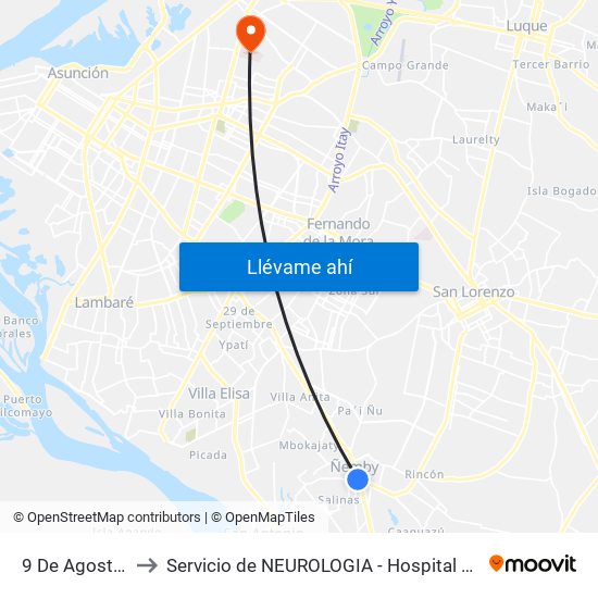 9 De Agosto, 345 to Servicio de NEUROLOGIA - Hospital Central Del IPS. map