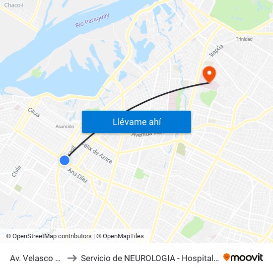 Av. Velasco X Brasil to Servicio de NEUROLOGIA - Hospital Central Del IPS. map