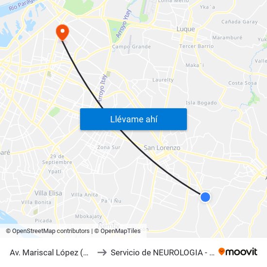 Av. Mariscal López (Parada Km. 17 (1/2)) to Servicio de NEUROLOGIA - Hospital Central Del IPS. map
