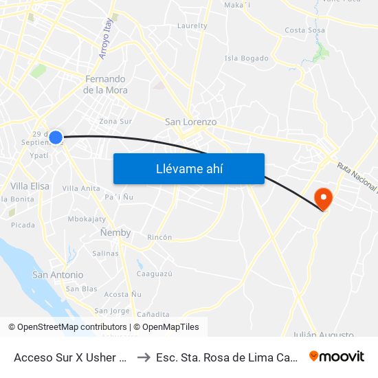 Acceso Sur X Usher Ríos to Esc. Sta. Rosa de Lima Capiatá map