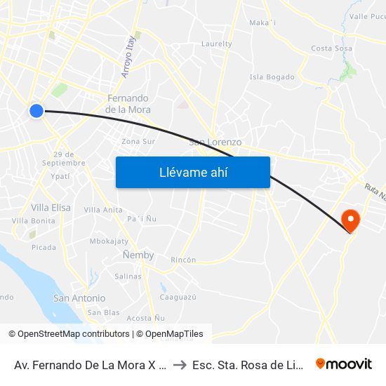 Av. Fernando De La Mora X Av. Argentina to Esc. Sta. Rosa de Lima Capiatá map