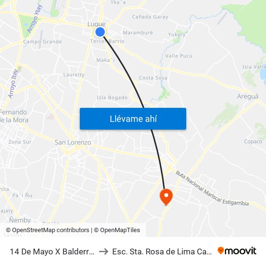 14 De Mayo X Balderrama to Esc. Sta. Rosa de Lima Capiatá map