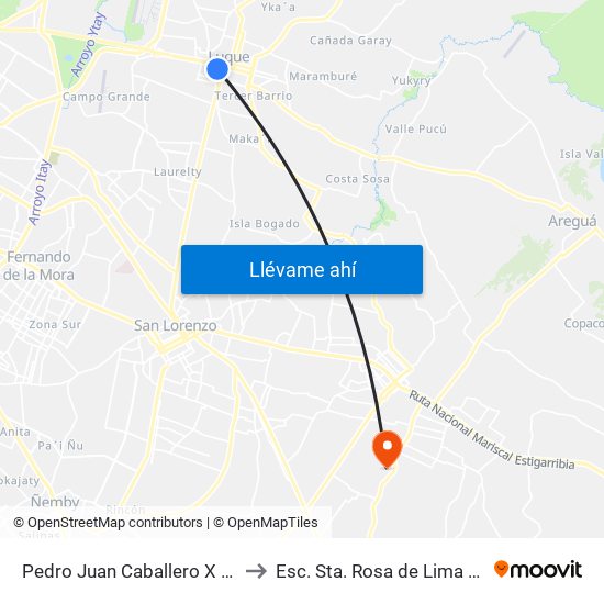 Pedro Juan Caballero X Herrera to Esc. Sta. Rosa de Lima Capiatá map