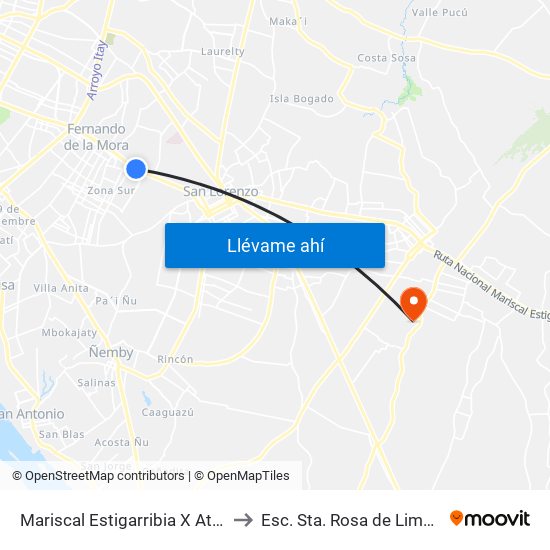 Mariscal Estigarribia X Atilio Galfre to Esc. Sta. Rosa de Lima Capiatá map