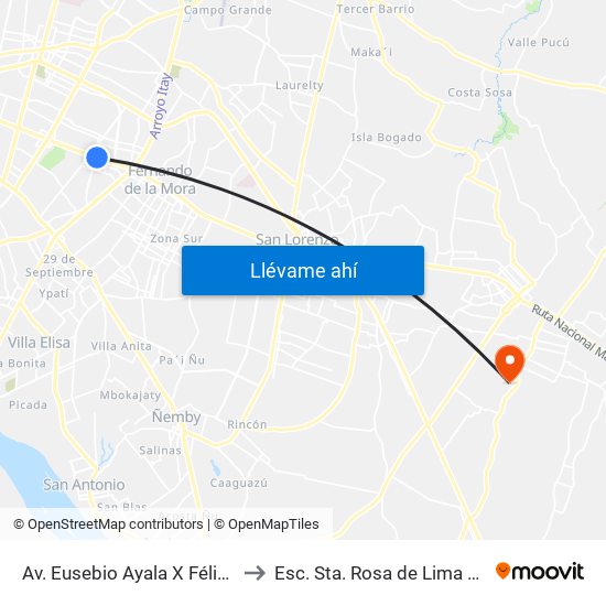 Av. Eusebio Ayala X Félix Lopéz to Esc. Sta. Rosa de Lima Capiatá map