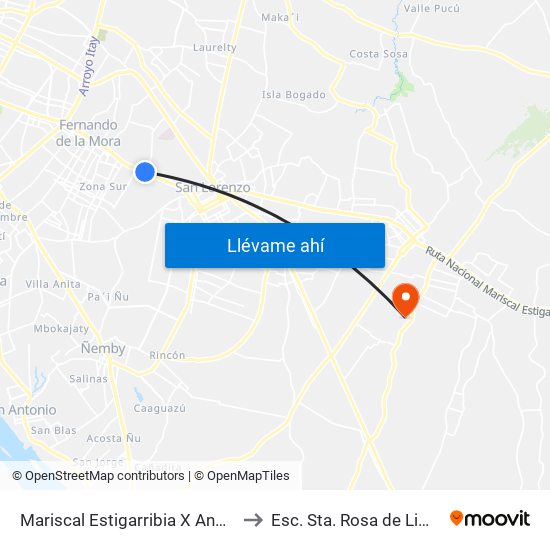 Mariscal Estigarribia X Andrés Barbero to Esc. Sta. Rosa de Lima Capiatá map