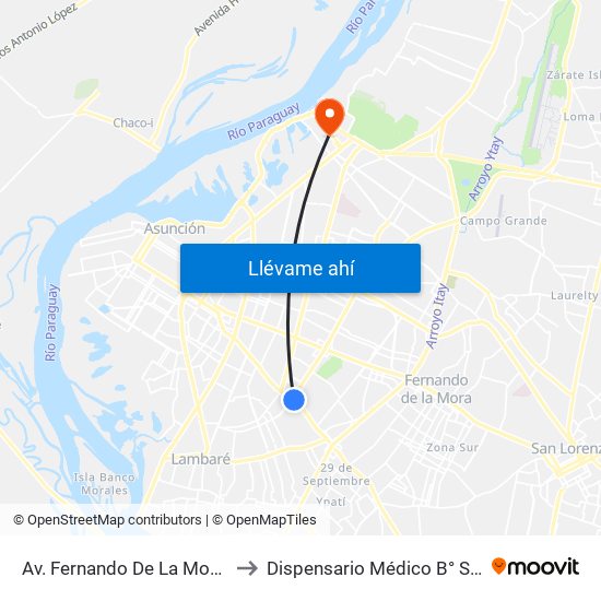 Av. Fernando De La Mora X Av. Argentina to Dispensario Médico  B° Sta. Rosa - Trinidad map
