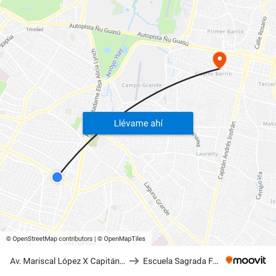 Av. Mariscal López X Capitán Bueno to Escuela Sagrada Familia map