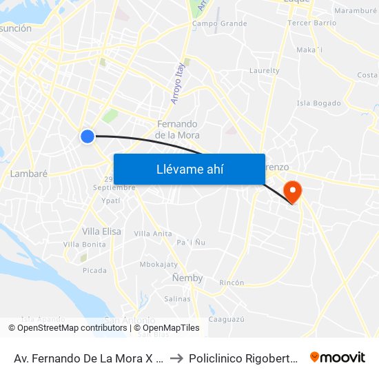 Av. Fernando De La Mora X Av. Argentina to Policlinico Rigoberto Caballero map