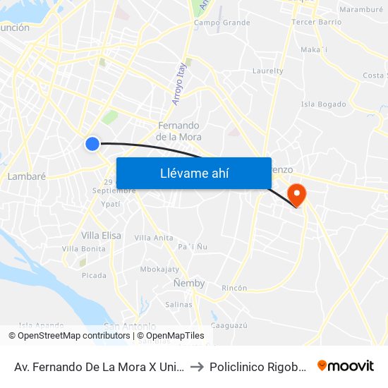 Av. Fernando De La Mora X Universitarios Del Chaco to Policlinico Rigoberto Caballero map
