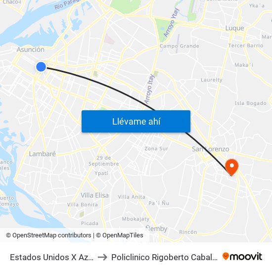 Estados Unidos X Azara to Policlinico Rigoberto Caballero map