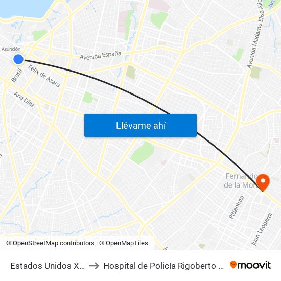 Estados Unidos X Azara to Hospital de Policía Rigoberto Caballero map