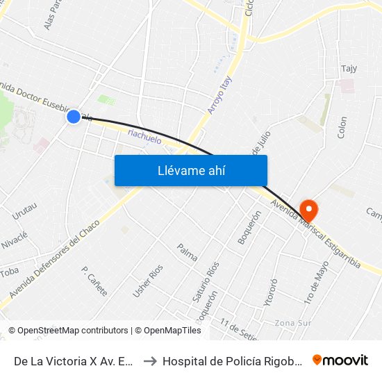 De La Victoria X Av. Eusebio Ayala to Hospital de Policía Rigoberto Caballero map