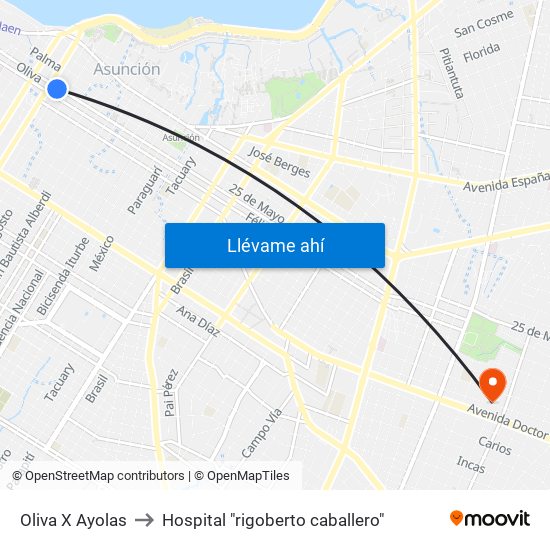 Oliva X Ayolas to Hospital "rigoberto caballero" map