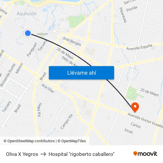 Oliva X Yegros to Hospital "rigoberto caballero" map