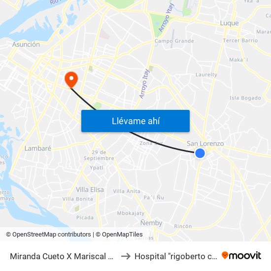Miranda Cueto X Mariscal Estigarribia to Hospital "rigoberto caballero" map