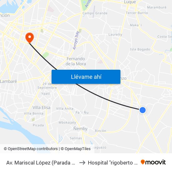 Av. Mariscal López (Parada Km. 17 (1/2)) to Hospital "rigoberto caballero" map