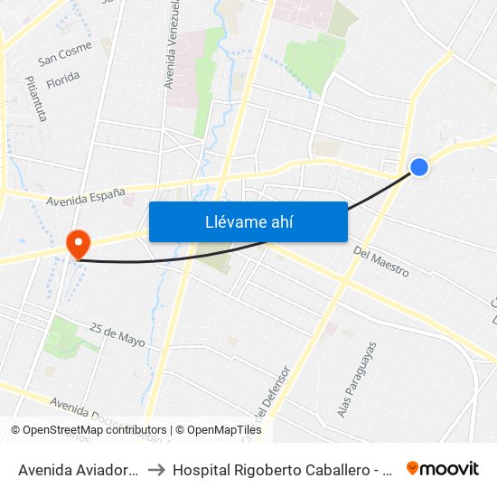 Avenida Aviadores Del Chaco, 1669 to Hospital Rigoberto Caballero - Área de Fisioterapia y Kinesiologia map