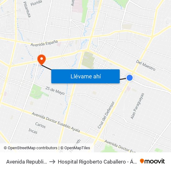 Avenida Republica Argentina, 201 to Hospital Rigoberto Caballero - Área de Fisioterapia y Kinesiologia map