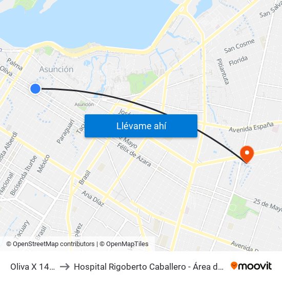 Oliva X 14 De Mayo to Hospital Rigoberto Caballero - Área de Fisioterapia y Kinesiologia map