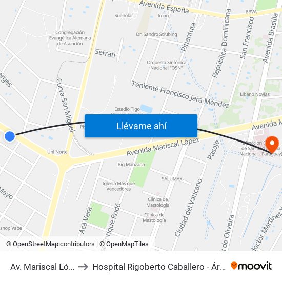 Av. Mariscal López X Melgarejo to Hospital Rigoberto Caballero - Área de Fisioterapia y Kinesiologia map