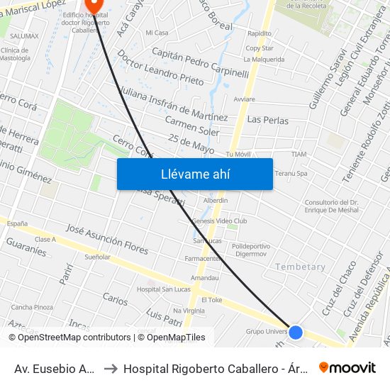 Av. Eusebio Ayala X Nazareth to Hospital Rigoberto Caballero - Área de Fisioterapia y Kinesiologia map