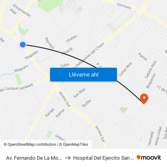 Av. Fernando De La Mora X Universitarios Del Chaco to Hospital Del Ejercito San Jorge, Sector Terapia Intensiva map