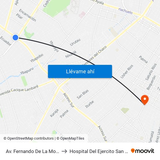 Av. Fernando De La Mora X Av. República Argentina to Hospital Del Ejercito San Jorge, Sector Terapia Intensiva map