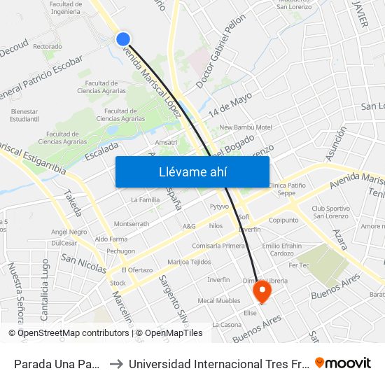 Parada Una Paseo Amelia to Universidad Internacional Tres Fronteras (UNINTER) map