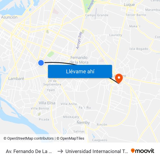 Av. Fernando De La Mora X Av. Argentina to Universidad Internacional Tres Fronteras (UNINTER) map
