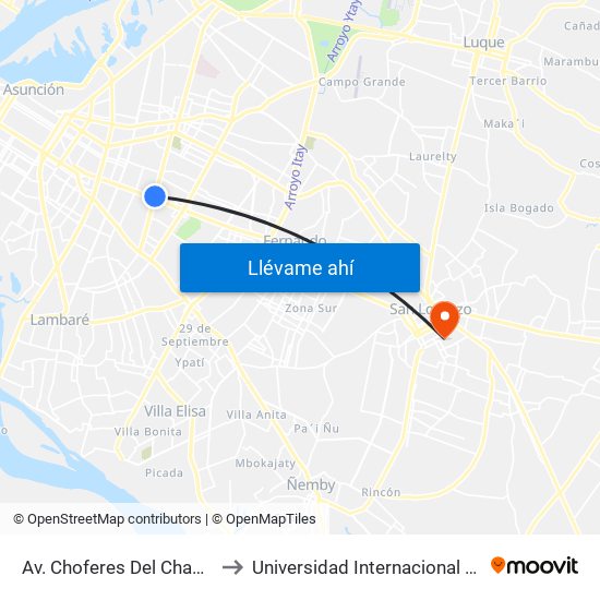 Av. Choferes Del Chaco X Av. Eusebio Ayala to Universidad Internacional Tres Fronteras (UNINTER) map