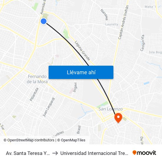 Av. Santa Teresa Y Arturo Pereira to Universidad Internacional Tres Fronteras (UNINTER) map