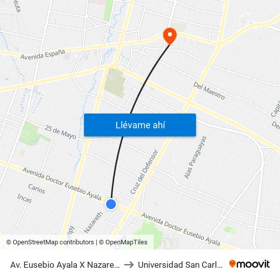 Av. Eusebio Ayala X Nazareth to Universidad San Carlos map