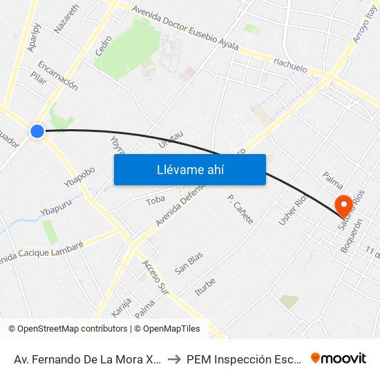 Av. Fernando De La Mora X Av. Argentina to PEM Inspección Escolar Medica map