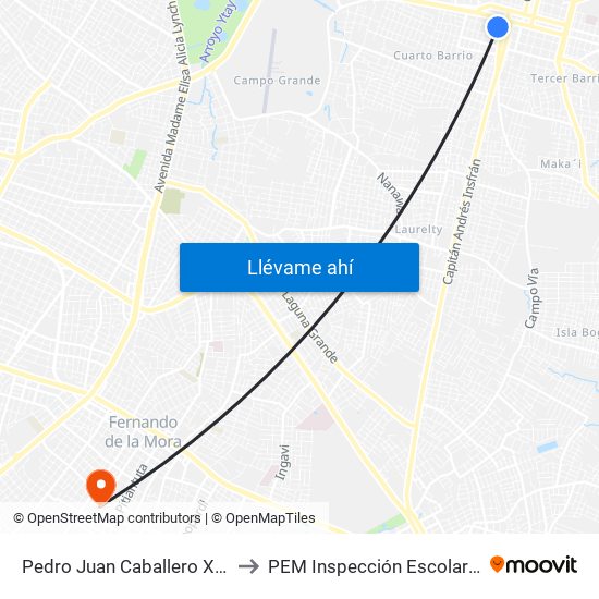 Pedro Juan Caballero X Herrera to PEM Inspección Escolar Medica map