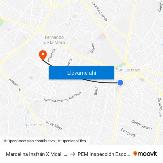 Marcelina Insfrán X Mcal. Estigarribia to PEM Inspección Escolar Medica map