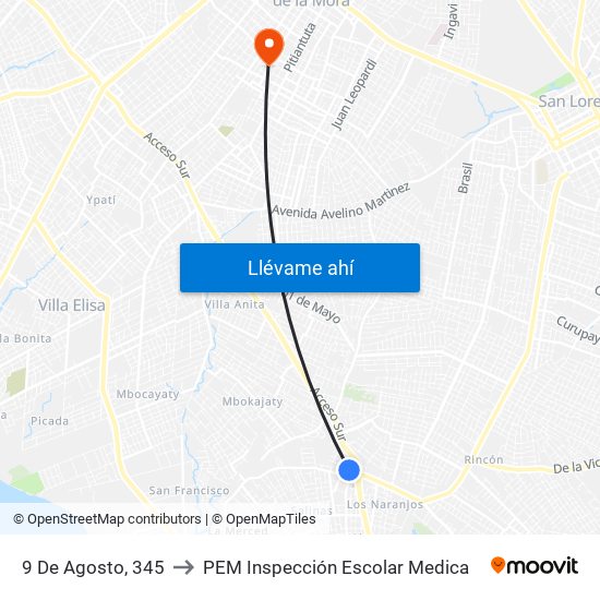 9 De Agosto, 345 to PEM Inspección Escolar Medica map