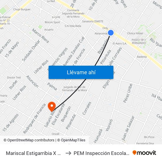 Mariscal Estigarribia X Boquerón to PEM Inspección Escolar Medica map